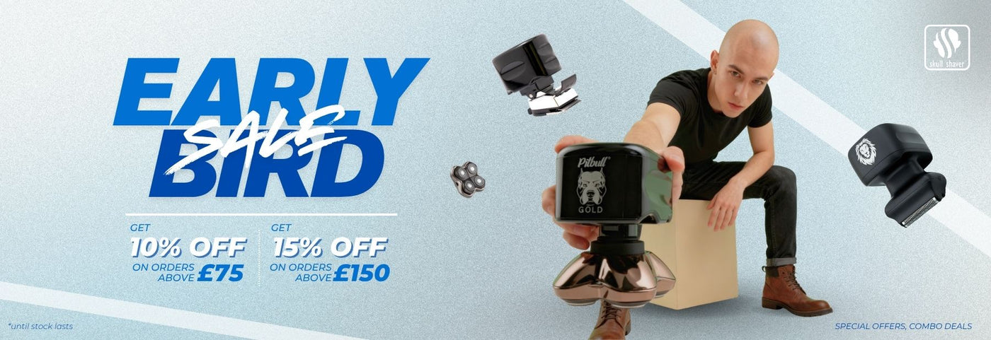 A promotional banner for an Early Bird Sale featuring a bald man sitting and extending his hand, holding a black and rose gold Pitbull Gold Shaver toward the camera. Large blue and white text reads "EARLY BIRD SALE". The Skull Shaver logo is in the top right. Two discount offers are highlighted: "GET 10% OFF ON ORDERS ABOVE $75" and "GET 15% OFF ON ORDERS ABOVE $150". Small text at the bottom notes "*until stock lasts" and "SPECIAL OFFERS, COMBO DEALS".

