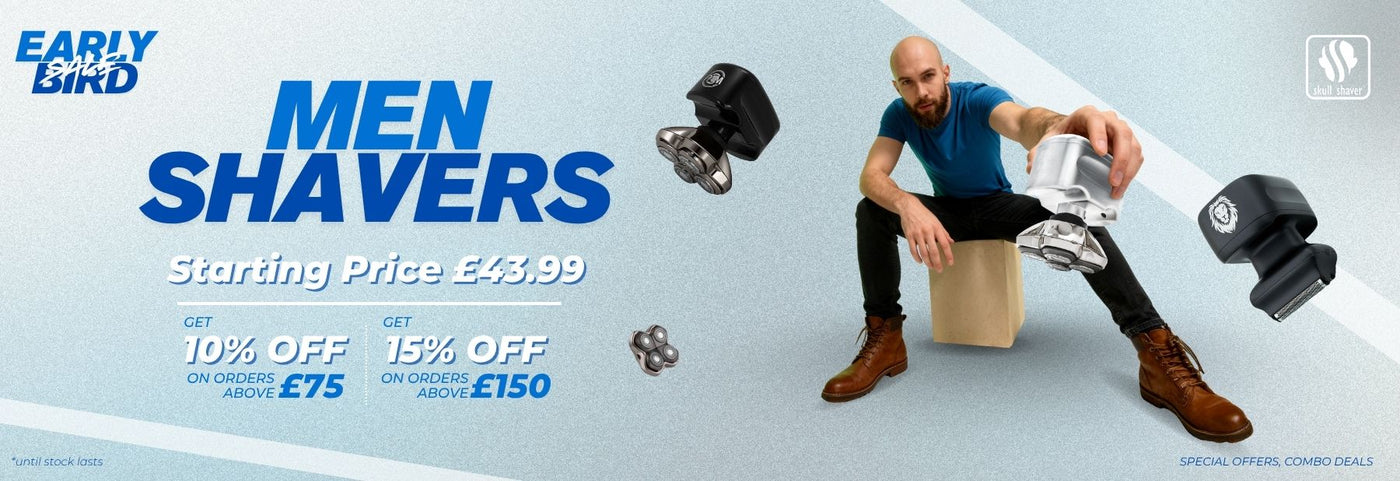 A promotional banner for an Early Bird Sale featuring a bald man with a beard, sitting and holding a white and silver Men's Shaver out towards the camera. Large blue and white text reads "MEN SHAVERS" with a smaller line beneath it that says "Starting Price $43.99". The words "EARLY BIRD SALE" are in the top left corner. The Skull Shaver logo is in the top right. Two discount offers are highlighted: "GET 10% OFF ON ORDERS ABOVE $75" and "GET 15% OFF ON ORDERS ABOVE $150". Small text at the bottom notes "*u