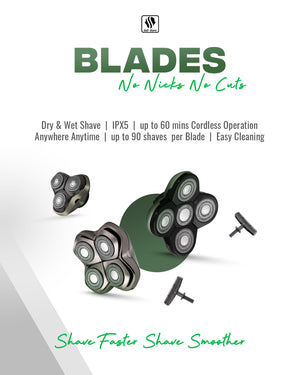 Blades:No nicks no cuts ,dry and wet shave , IPX5, up to 60 mins cordless operation , anywhere anytime, up to 90 shaves per blade , easy cleaning. shave faster and shave smoother .Click here to explore the Blades and Accessories category 