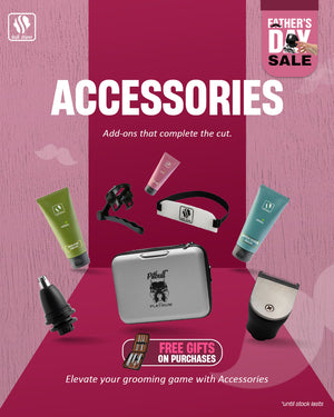 Banner features grooming accessories including shaving cream, aftershave balm, travel case, and nose trimmer attachment. Text: 'Accessories - Add-ons that complete the cut.' A banner shows "FREE GIFTS ON PURCHASES" with a manicure kit and cap. "FATHER'S DAY SALE" badge top right. Bottom right text: "*until stock lasts." Skull Shaver logo top left.
