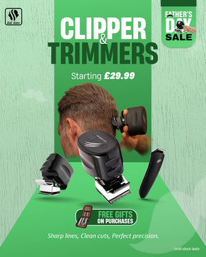Banner featuring Clippers and Trimmers. Highlighted text: 'Starting £29.99.' A man using a clipper for a haircut. Includes free gifts on purchases. Caption: 'Sharp lines, Clean cuts, Perfect precision.' Limited stock available." Skull Shaver logo top left.
