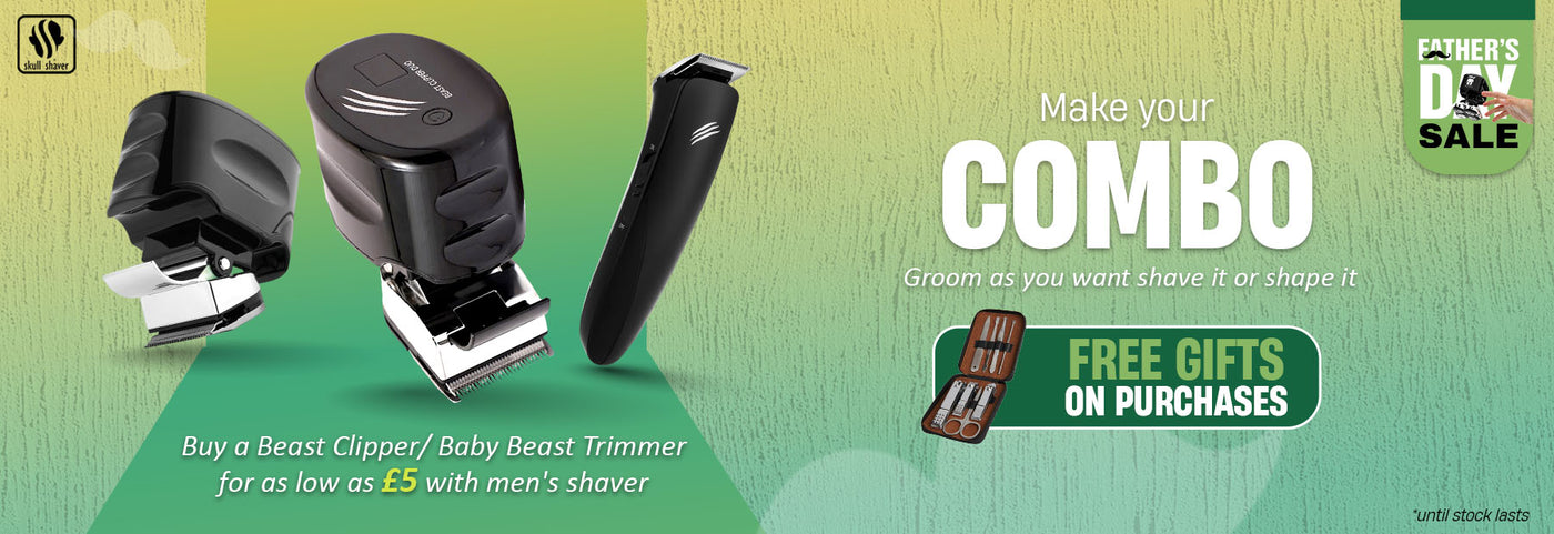 Skull Shaver Father's Day Sale banner showcasing Beast Clipper and Baby Beast Trimmer. Includes text 'Make Your Combo - Groom as you want, shave it or shape it' with free gifts and discounts. Offer: Buy Beast Clipper/Baby Beast Trimmer for £5 with a men's shaver with ‘*until stock lasts’. Skull Shaver logo on top left.

