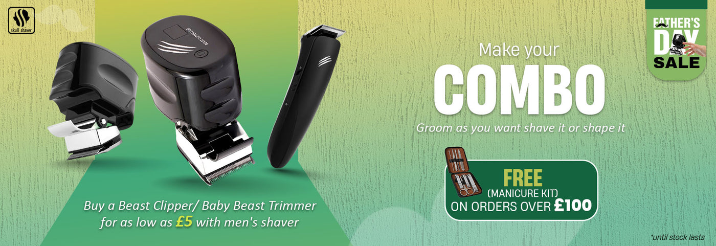 Skull Shaver Father's Day Sale banner showcasing Beast Clipper and Baby Beast Trimmer. Includes text 'Make Your Combo - Groom as you want, shave it or shape it' with free gifts and discounts. Offer: Buy Beast Clipper/Baby Beast Trimmer for £5 with a men's shaver with ‘*until stock lasts’. Skull Shaver logo on top left.
