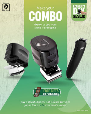 Skull Shaver Father's Day Sale banner showcasing Beast Clipper and Baby Beast Trimmer. Includes text 'Make Your Combo - Groom as you want, shave it or shape it' with free gifts and discounts. Offer: Buy Beast Clipper/Baby Beast Trimmer for £5 with a men's shaver with ‘*until stock lasts’. Skull Shaver logo on top left.

