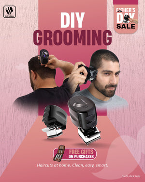 Skull Shaver Father's Day Sale banner featuring 'DIY Grooming' for effortless haircuts at home. Highlighted text: 'Haircuts at home. Clean, easy, smart.' Showcasing Beast Clippers in action with close-up shots of self-grooming. Includes the offer: 'Free gifts on purchases.' Limited stock available. Skull Shaver logo on top left.
