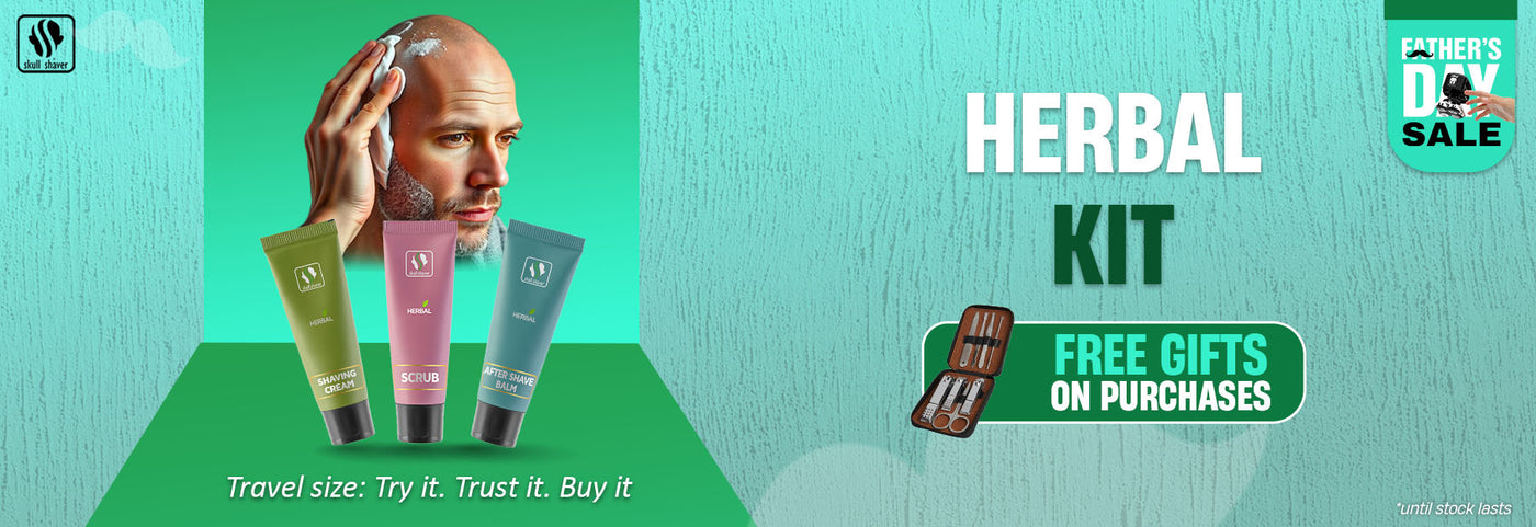 Skull Shaver Father's Day Sale banner showcasing the 'Herbal Kit' with travel-sized grooming essentials: Shaving Cream, Scrub, and After Shave Balm. Highlighted text: 'Travel size: Try it. Trust it. Buy it.' Features a close-up of a man lathering shaving cream. Includes the offer: 'Free gifts on purchases.' Limited stock available. Skull Shaver logo on top left.
