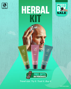 Skull Shaver Father's Day Sale banner showcasing the 'Herbal Kit' with travel-sized grooming essentials: Shaving Cream, Scrub, and After Shave Balm. Highlighted text: 'Travel size: Try it. Trust it. Buy it.' Features a close-up of a man lathering shaving cream. Includes the offer: 'Free gifts on purchases.' Limited stock available. Skull Shaver logo on top left.
