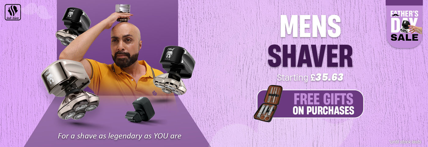 Skull Shaver Father's Day Sale banner highlighting the 'Men's Shaver' starting at £35.63. Features a man confidently shaving his head using the Skull Shaver. Text: 'For a shave as legendary as YOU are.' Includes the offer: 'Free gifts on purchases.' Limited stock available. Skull Shaver logo on top left.

