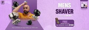Skull Shaver Father's Day Sale banner highlighting the 'Men's Shaver' starting at £35.63. Features a man confidently shaving his head using the Skull Shaver. Text: 'For a shave as legendary as YOU are.' Includes the offer: 'Free gifts on purchases.' Limited stock available. Skull Shaver logo on top left.
