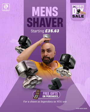 Skull Shaver Father's Day Sale banner highlighting the 'Men's Shaver' starting at £35.63. Features a man confidently shaving his head using the Skull Shaver. Text: 'For a shave as legendary as YOU are.' Includes the offer: 'Free gifts on purchases.' Limited stock available. Skull Shaver logo on top left.
