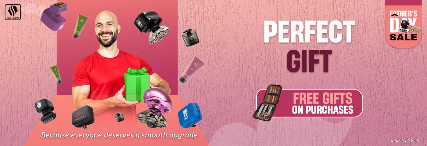 Skull Shaver Father's Day Sale banner featuring the 'Perfect Gift.' A joyful man holds a green gift box, surrounded by various Skull Shaver products, including shavers, grooming kits, and travel cases. Text: 'Because everyone deserves a smooth upgrade.' Includes the offer: 'Free gifts on purchases.' Limited stock available.

