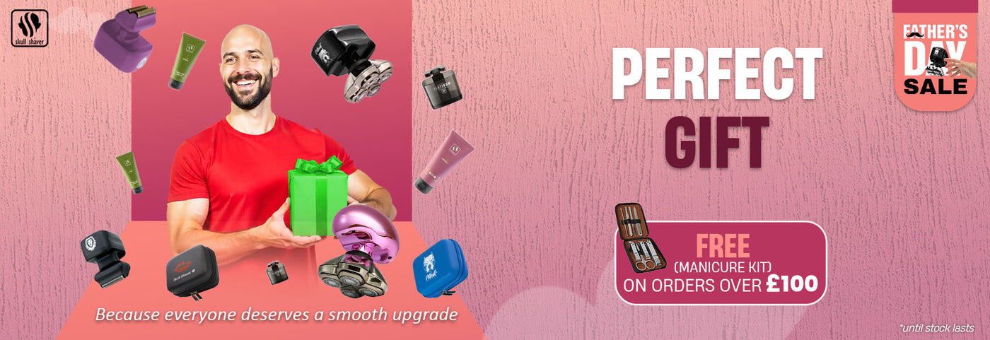 Skull Shaver Father's Day Sale banner featuring the 'Perfect Gift.' A joyful man holds a green gift box, surrounded by various Skull Shaver products, including shavers, grooming kits, and travel cases. Text: 'Because everyone deserves a smooth upgrade.' Includes the offer: 'Free gifts on purchases.' Limited stock available.
