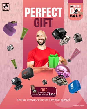 Skull Shaver Father's Day Sale banner featuring the 'Perfect Gift.' A joyful man holds a green gift box, surrounded by various Skull Shaver products, including shavers, grooming kits, and travel cases. Text: 'Because everyone deserves a smooth upgrade.' Includes the offer: 'Free gifts on purchases.' Limited stock available.

