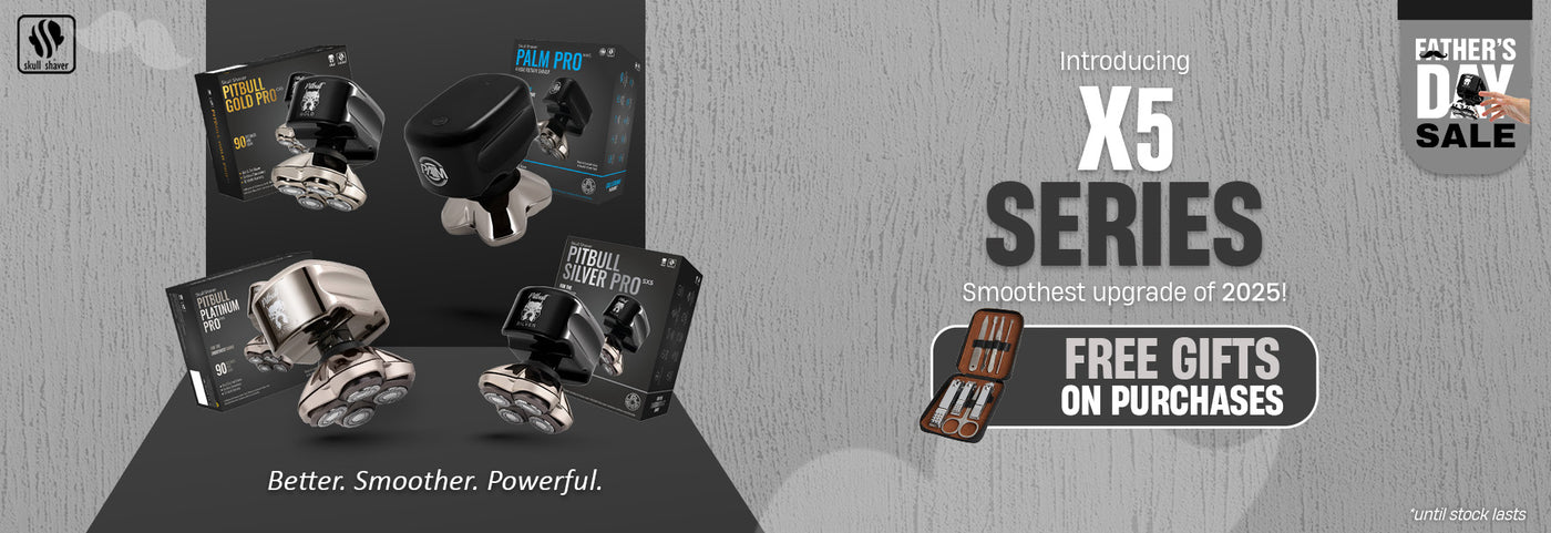 Skull Shaver Father's Day Sale banner highlighting the new X5 Series models Gold Pro GX5, Platinum PX5, Silver SX5, and Palm MX5. Text reads ‘Introducing X5 SERIES – Smoothest upgrade of 2025’ ‘Better. Smoother. Powerful.’ Includes the offer: 'Free gifts on purchases.' Limited stock available. Skull Shaver logo on top left.
