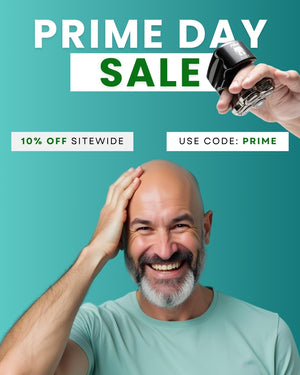 Skull Shaver Prime Day Sale banner featuring a smiling bald man on a backdrop. A hand holds a Skull Shaver close-up on the right. Bold text reads ‘PRIME DAY SALE.’ Promotional text below highlights ‘10% SITEWIDE’ and ‘USE CODE: PRIME’.
