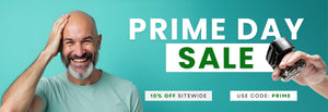 Skull Shaver Prime Day Sale banner featuring a smiling bald man on a backdrop. A hand holds a Skull Shaver close-up on the right. Bold text reads ‘PRIME DAY SALE.’ Promotional text below highlights ‘10% SITEWIDE’ and ‘USE CODE: PRIME’.
