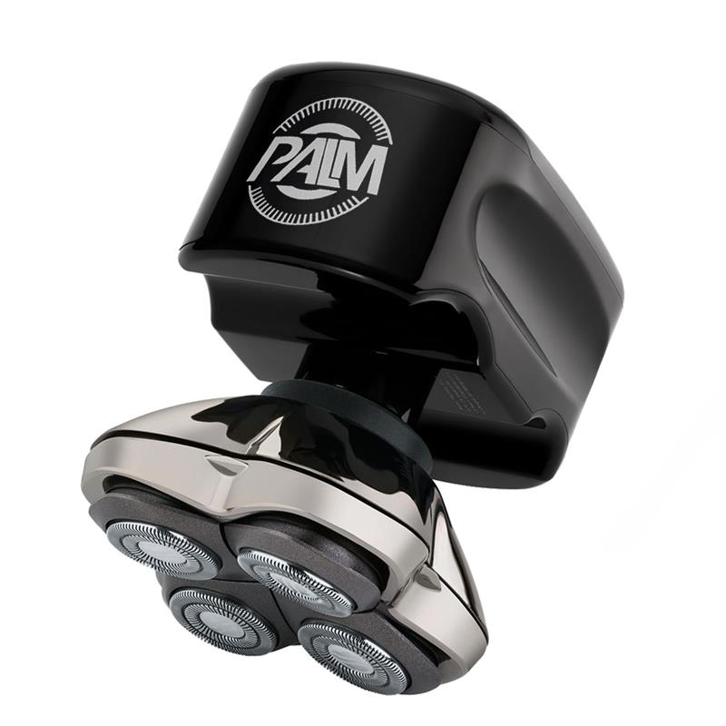 Black and silver electric shaver with 'Palm' branding on a white background